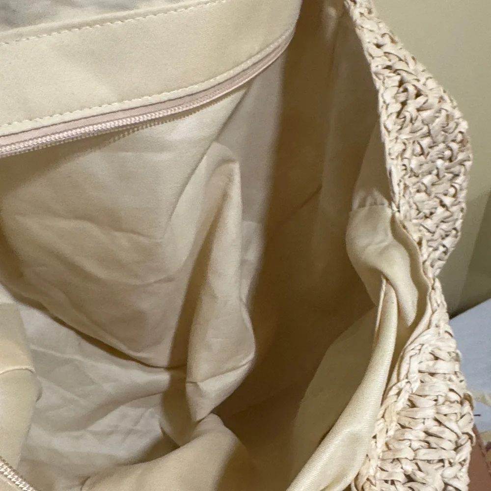 Beige Woven Tote Bag with Brown Straps - Picture 14 of 15